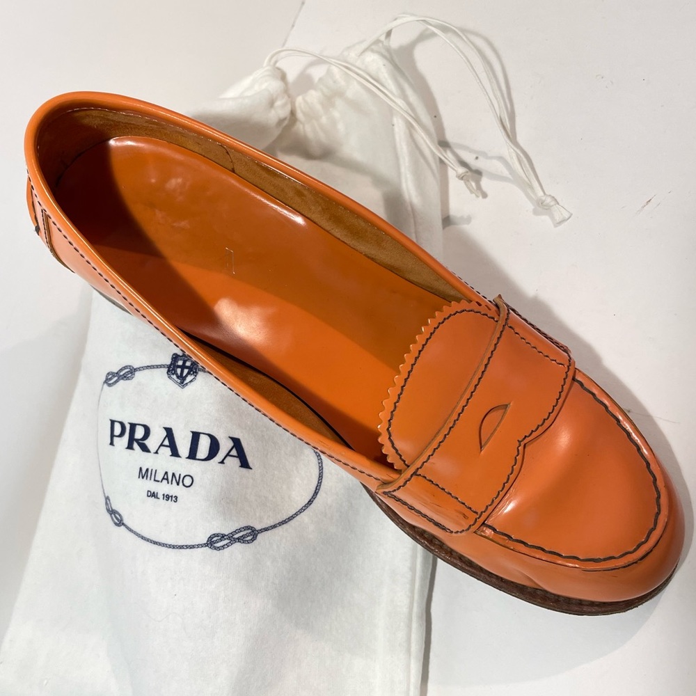 Prada, Orange Polished Leather, Penny Loafer ‘Sppazollato’, 8. Brown Stitching